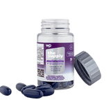 Frasco do suplemento alimentar para o sono, com Melatonina, Triptofano e Vitamina B6.