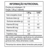 Tabela de informação nutricional do suplemento, com os valores de Melatonina, Triptofano e Vitamina B6 por porção.