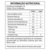 Tabela de informação nutricional do Ômega 3, com os valores de EPA e DHA por porção na forma de triglicerídeos (TG).