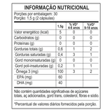 Tabela de informação nutricional do Ômega 3 Kids, com os valores de EPA e DHA por porção.
